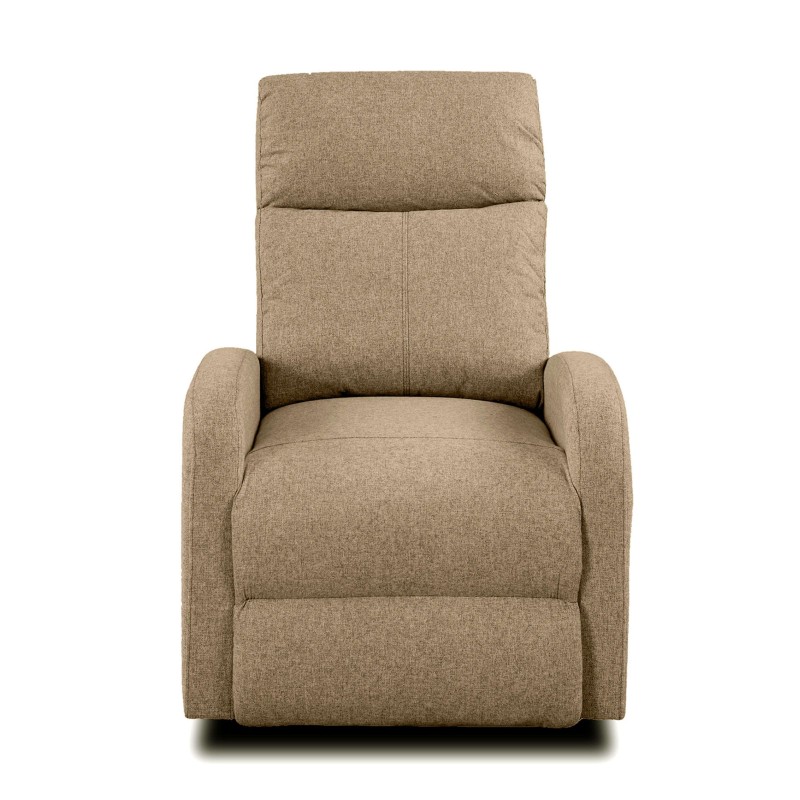 Sillón reclinable tapizado en tela beige con respaldo alto y brazos redondeados vista frontal