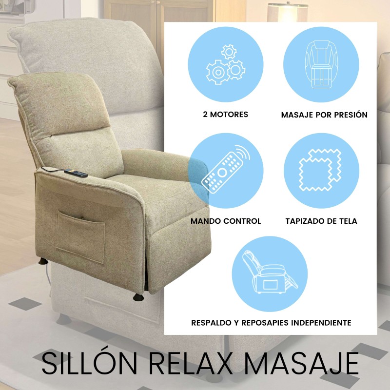 Sillón relax de tela beige con masaje y dos motores en ambiente de sala