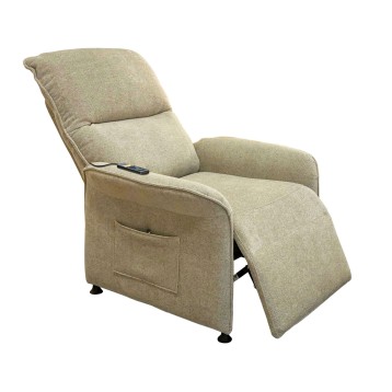 Sillón reclinable tapizado en beige con reposapiés extendido y bolsillo lateral funcional