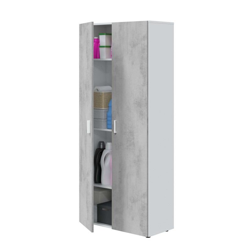 Armario alto de dos puertas en color gris cemento con estantes interiores y puerta abierta mostrando contenido