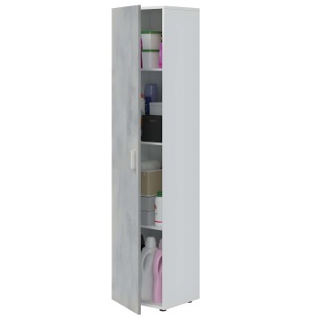 Armario columna blanco con puerta y estantes interiores abierto mostrando productos de limpieza y organización