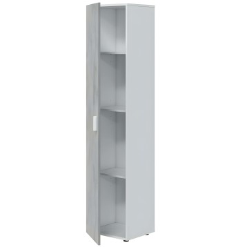 Armario alto blanco con puerta y estantes interiores abierto mostrando compartimentos de almacenamiento