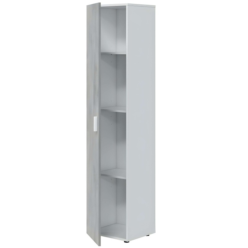 Armario alto blanco con puerta y estantes interiores abierto mostrando compartimentos de almacenamiento