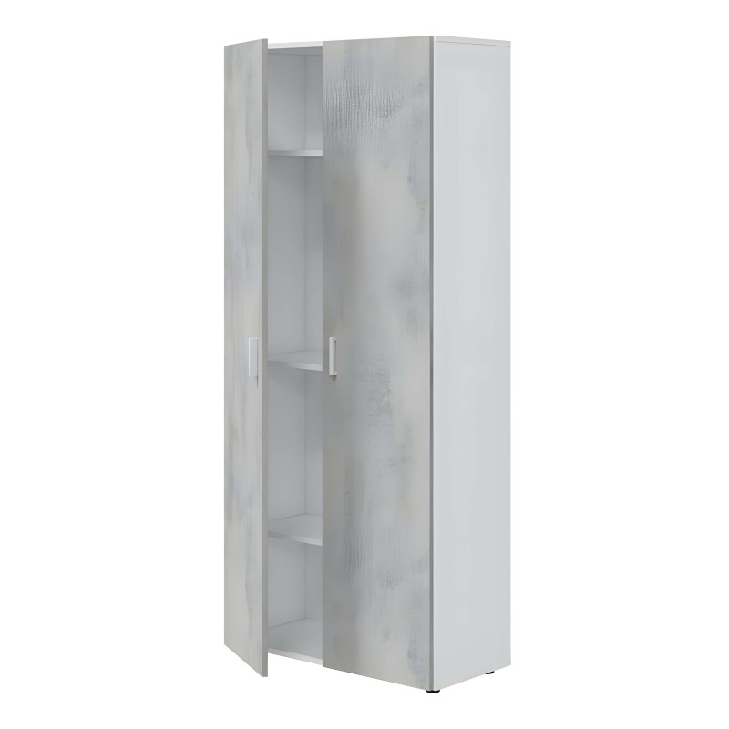 Armario alto de madera blanca con dos puertas y estantes interiores visibles
