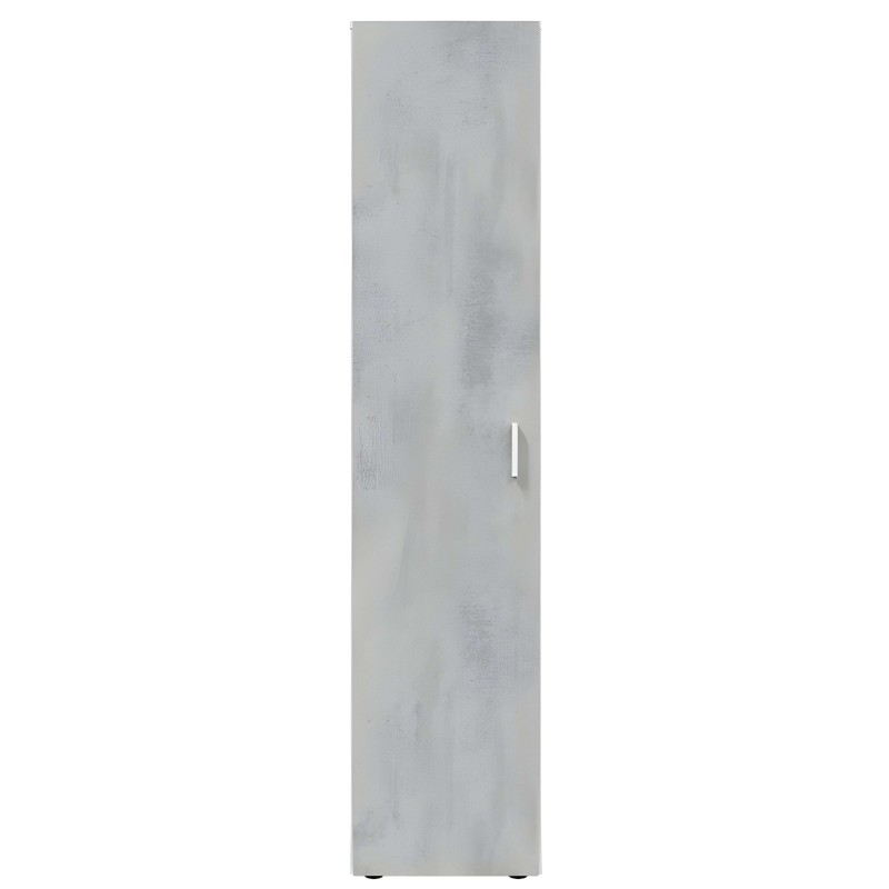 Armario alto estrecho de hormigón gris claro con puerta y tirador metálico plateado