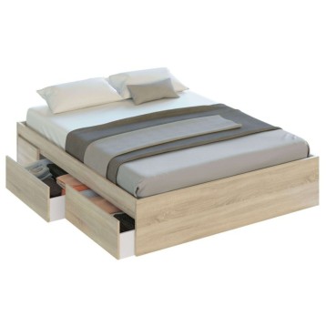 Cama matrimonial con estructura de madera clara y cajones de almacenamiento integrados en la base
