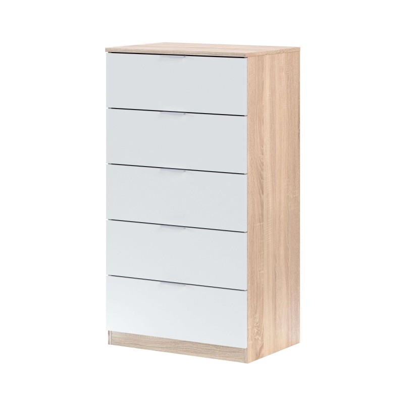Cómoda de madera natural y frentes blancos con cinco cajones y tiradores negros