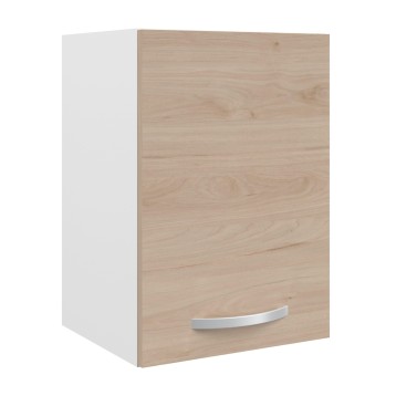 Armario de cocina blanco y madera clara con puerta y tirador metálico