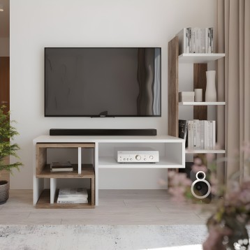 Mueble TV blanco y madera con compartimentos abiertos y estantería flotante a juego en ambiente de salón