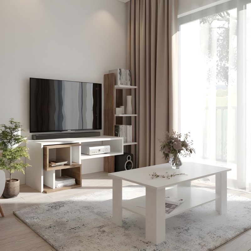 Mueble TV blanco y madera con compartimentos abiertos y estante vertical en ambiente de salón moderno
