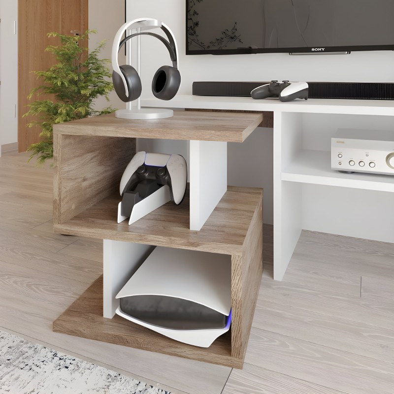 Mueble TV modular madera y blanco con estantería abierta y soportes para auriculares y mandos