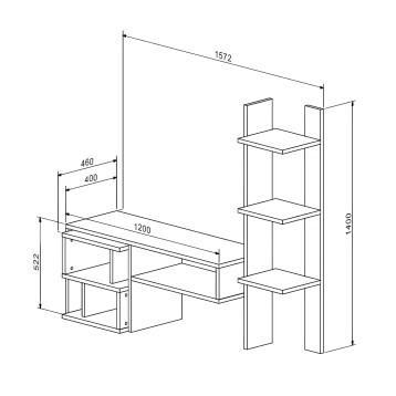 Mueble TV modular de tres niveles vista en plano técnico