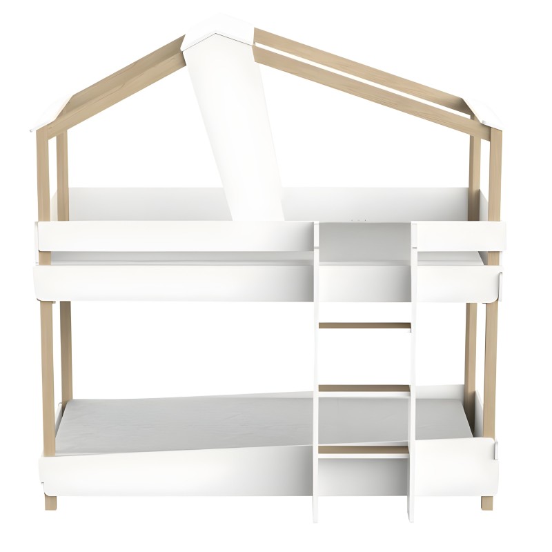 Cama litera infantil en forma de casa con estructura de madera natural y barandillas blancas