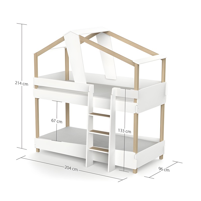 Cama litera infantil blanca y madera con escalera central y dosel superior