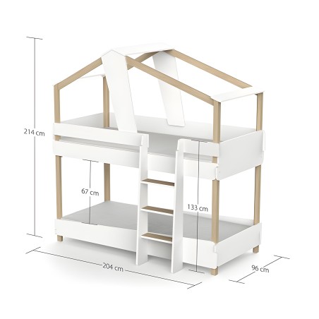 Cama litera infantil blanca y madera con escalera central y dosel superior