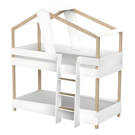 Cama litera infantil con dosel en madera natural y blanco con escalera lateral integrada