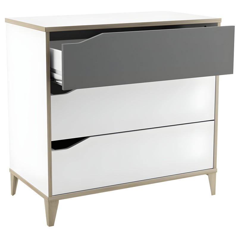 Cómoda blanca y gris con tres cajones y patas de madera natural estilo escandinavo