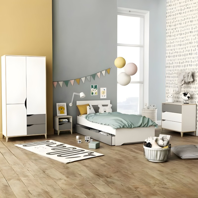 Dormitorio infantil con cama nido gris y blanca y armario combinado en tonos naturales y grises