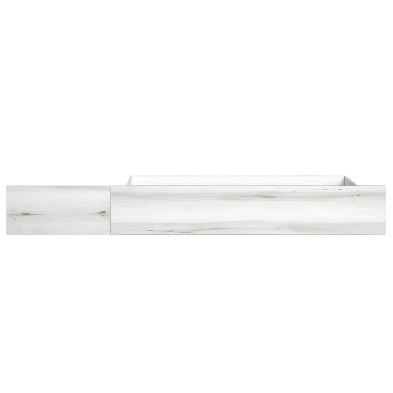 Cajón de madera blanca con veteado gris y tirador metálico vista frontal y lateral