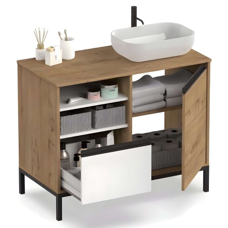 Mueble lavabo en madera natural con cubierta de tablero y lavamanos blanco rectangular con grifo negro