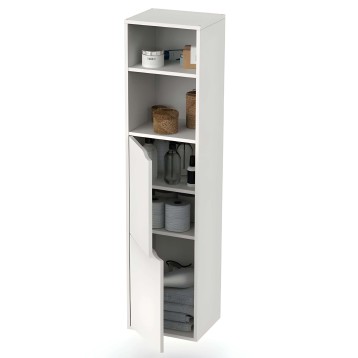 Estantería vertical blanca con puerta y compartimentos abiertos para almacenamiento y organización