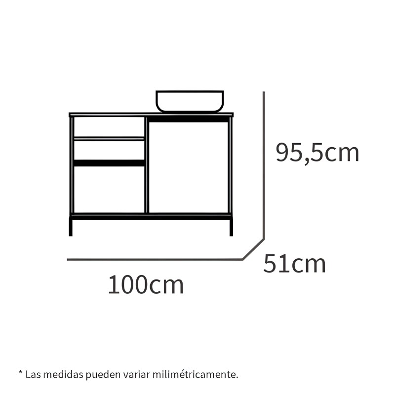 Mueble tocador con espejo integrado y cajones laterales vista en perspectiva con medidas