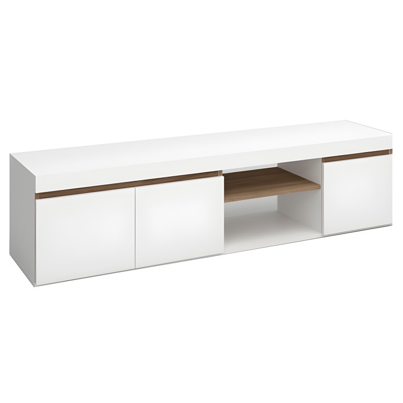 Mueble TV blanco con puertas correderas y estante central en madera natural con detalles en nogal