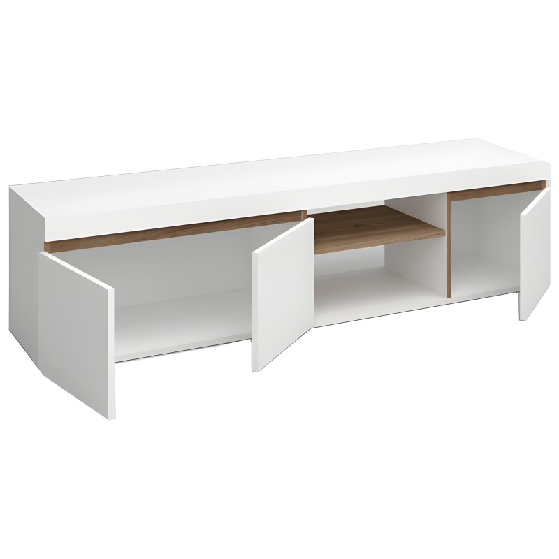 Mueble TV bajo blanco con puertas abatibles y estantes internos en madera natural