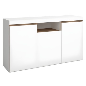 Aparador blanco con puertas y compartimentos abiertos con detalles en madera natural