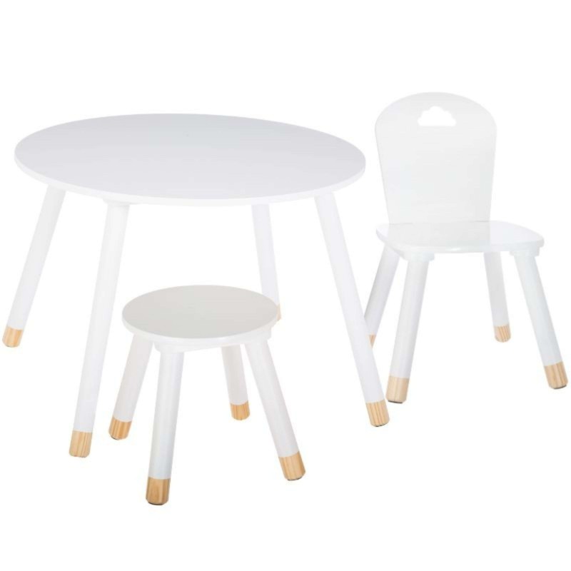 Conjunto de comedor infantil con mesa redonda blanca y dos sillas blancas con patas de madera natural