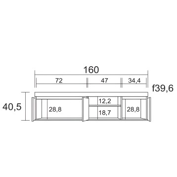 Mueble aparador modular con puertas y cajones centrales vistos en plano técnico frontal