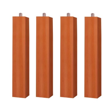 Juego de cuatro patas de madera color naranja con acabado veteado y conectores metálicos