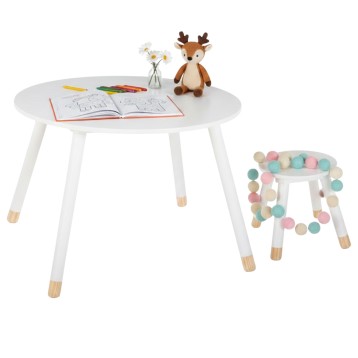 Conjunto infantil con mesa redonda blanca y silla con cuentas de colores patas madera natural