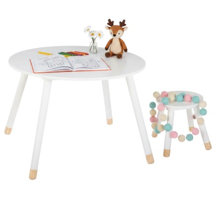 Conjunto infantil con mesa redonda blanca y silla con cuentas de colores patas madera natural