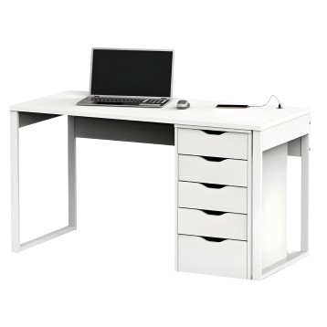 Escritorio blanco con estructura metálica y cinco cajones laterales con tirador negro para oficina y teletrabajo