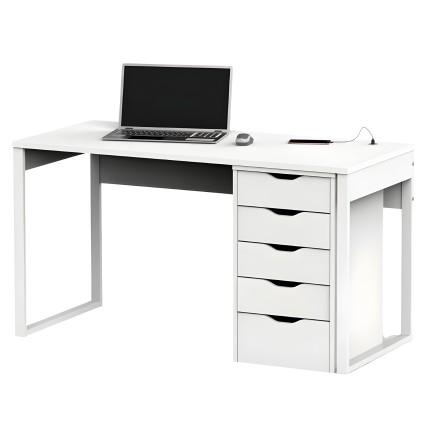 Escritorio blanco con estructura metálica y cinco cajones laterales con tirador negro para oficina y teletrabajo