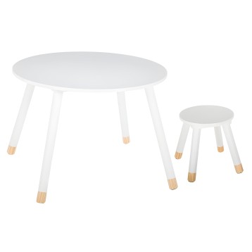 Mesa redonda blanca con patas de madera natural y taburete infantil a juego