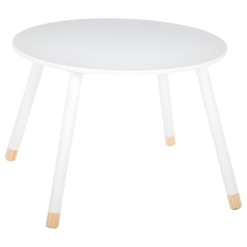 Mesa redonda blanca con tablero liso y patas de madera natural con puntas de goma