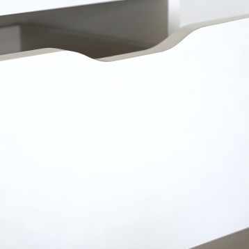 Estantería flotante blanca y gris con bordes curvos y diseño minimalista detalle superior
