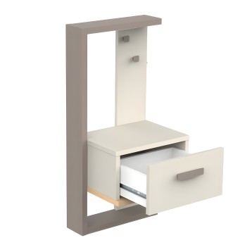 Estantería modular en tonos grises y crema con estructura abierta y cajón extraíble con tirador gris