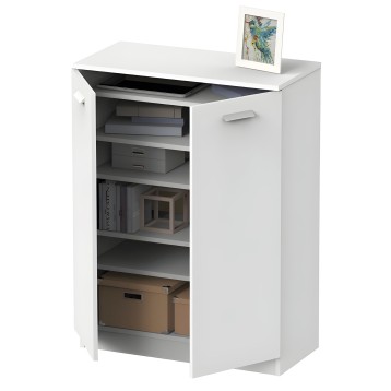 Armario blanco con puerta abierta y estantes interiores con objetos de almacenamiento y cuadro decorativo sobre la superficie