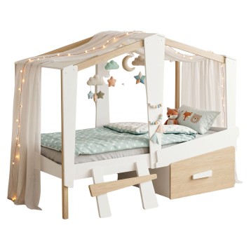 Cama infantil dosel blanca y madera con cortinas beige y luces led incluidas móvil de estrellas y almohadas