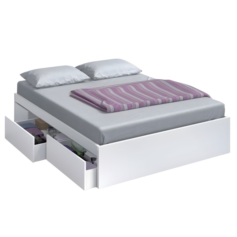 Cama blanca con cajones de almacenamiento y colchón gris con dos almohadas y manta de rayas púrpura