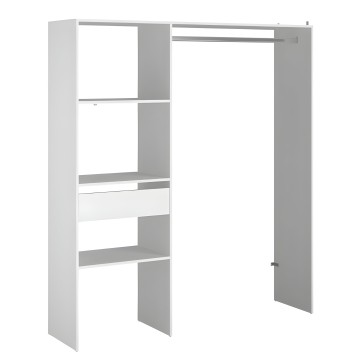 Armario modular blanco y gris con estantes abiertos y puerta corrediza lateral
