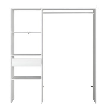 Armario modular blanco y gris con estantes abiertos y puerta corredera vista frontal