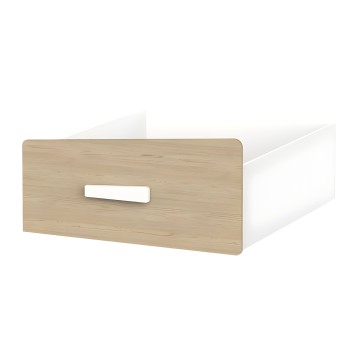 Cajón de madera clara con frente redondeado y asa rectangular blanca integrada en estructura blanca