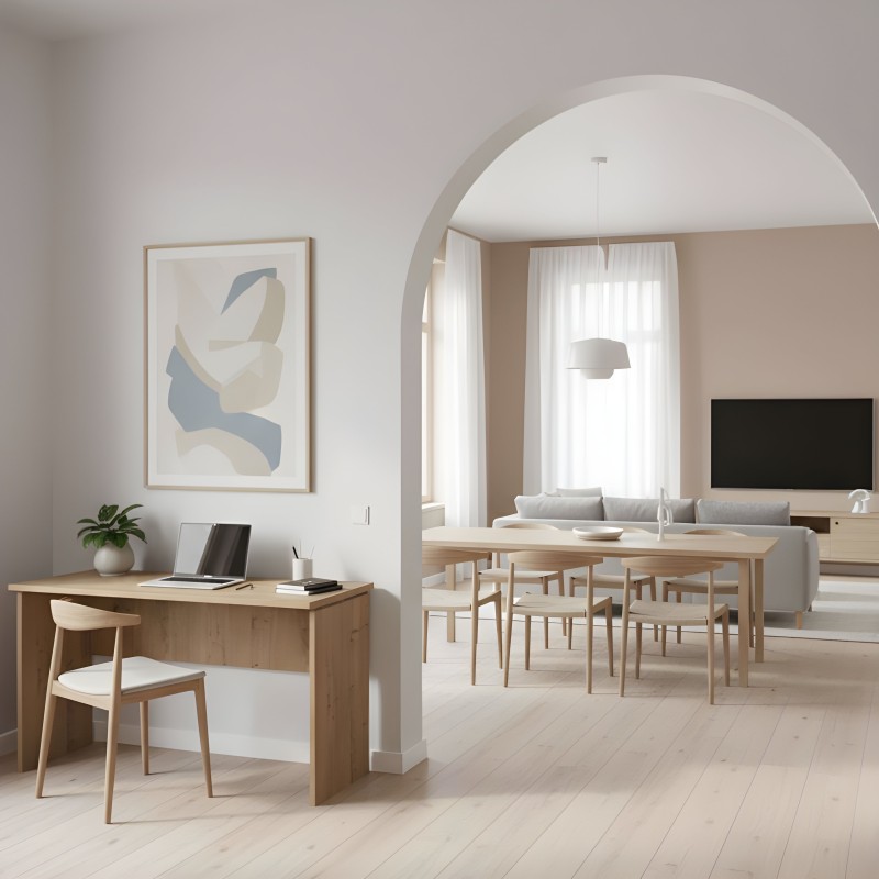 Escritorio de madera clara con silla de madera y asiento blanco en ambiente moderno de salon abierto