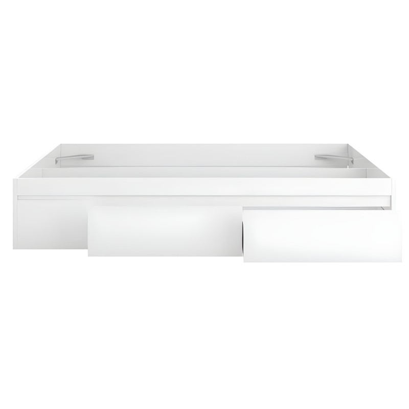 Cama nido blanca con dos cajones extraíbles y estructura de madera vista desde arriba
