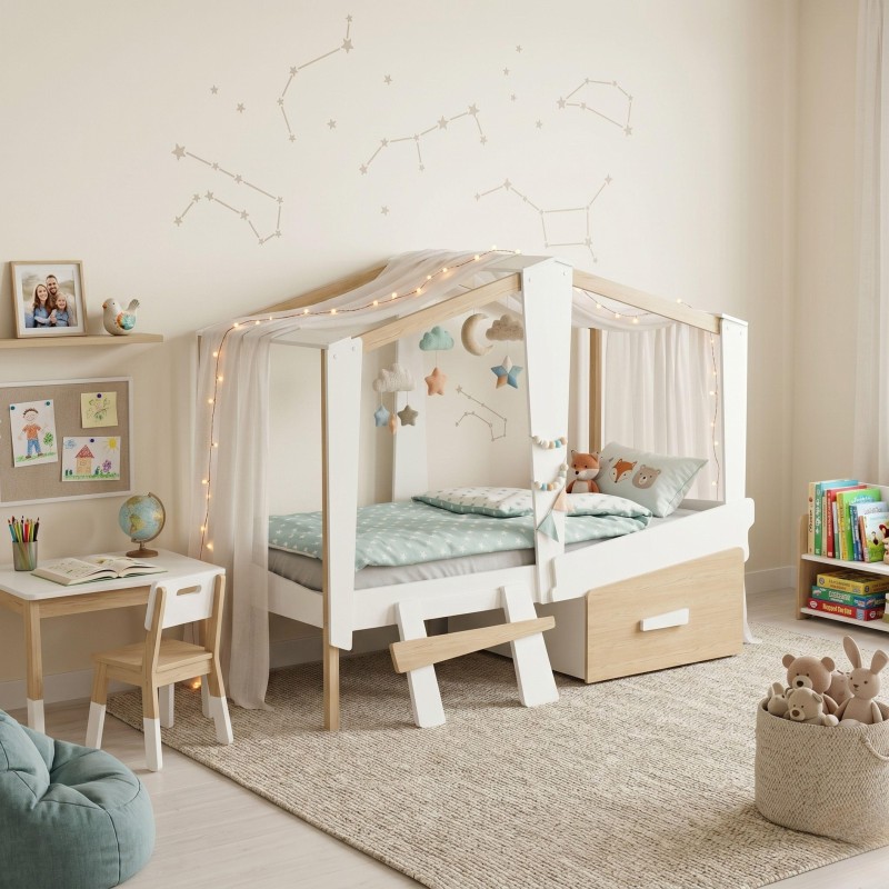 Cama dosel infantil blanca y madera natural con cortinas y luces en dormitorio de niño
