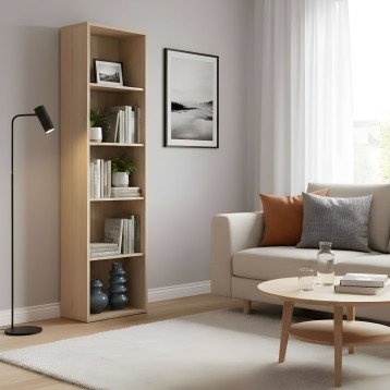 Estantería vertical de madera natural con seis compartimentos abiertos para libros y decoración en salón